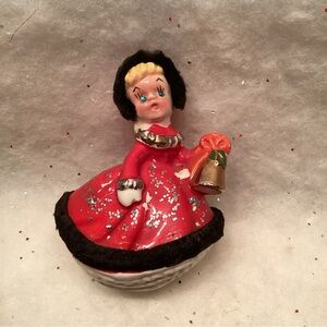 1940’s Christmas Figurine Rhinestone Eyes  Fur Trim Japan 4.5” RED